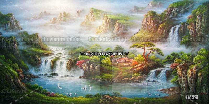 Tranh phong cảnh vẽ tay Trung Quốc, Thủy mặc, Màu nước, Tranh khổ rộng, tranh sơn thủy - Tranh tường chất lượng cao