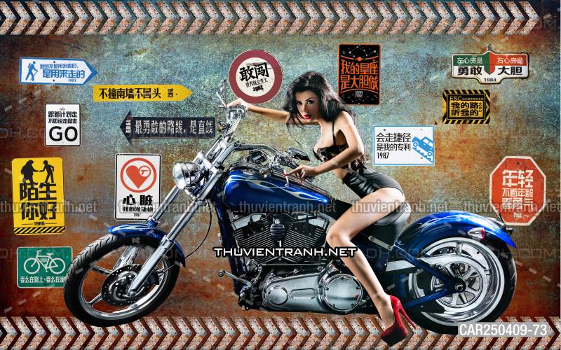 Tranh tường những cô gái bên xe moto  - Tranh tường chất lượng cao