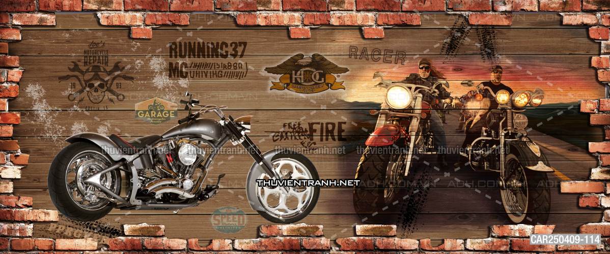 Tranh tường những cô gái bên xe moto  - Tranh tường chất lượng cao