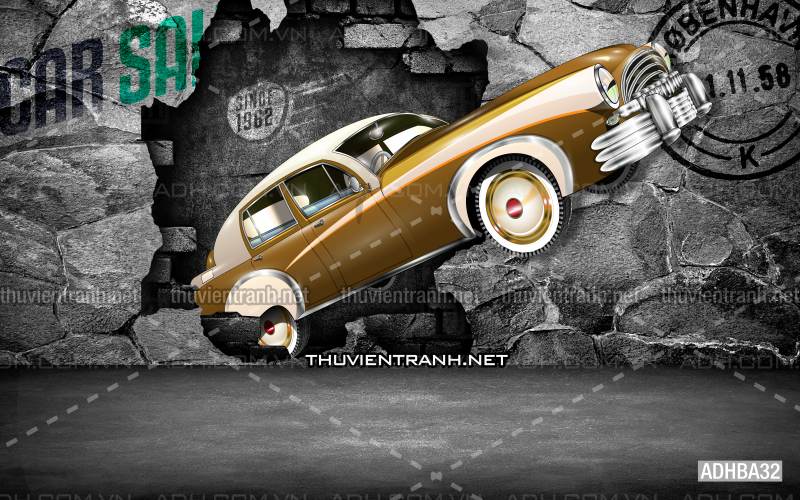 Tranh 3D xe hơi cổ, tranh tường 3D - Tranh tường chất lượng cao