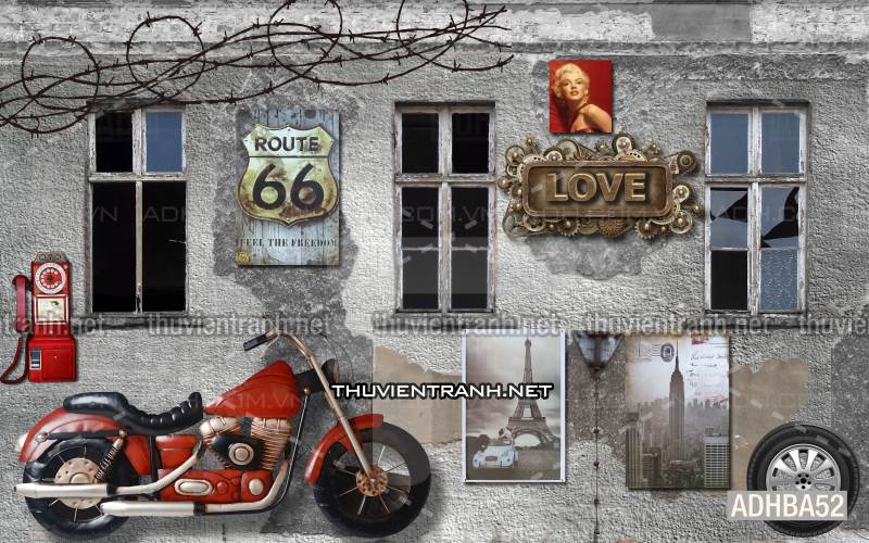 Tranh 3D xe motor cổ, tranh tường 3D - Tranh tường chất lượng cao
