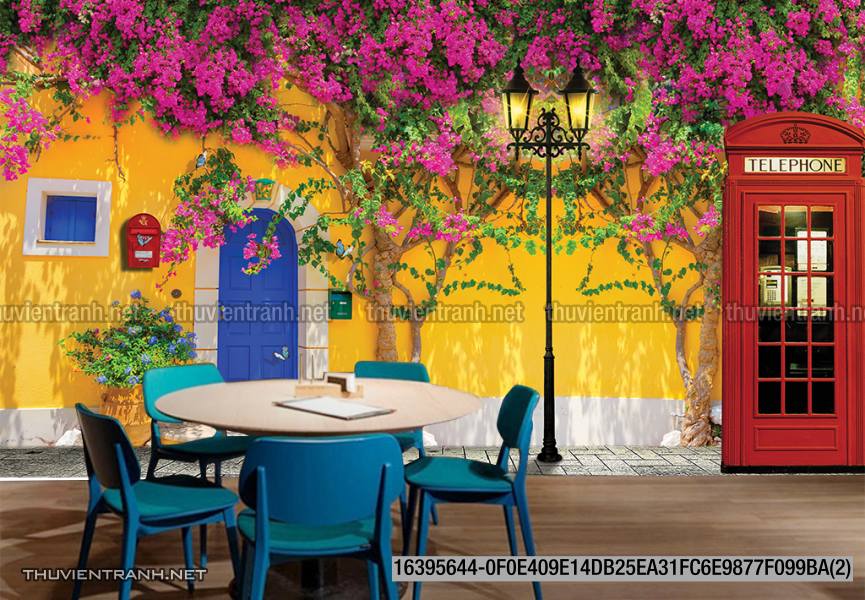  Tranh dán tường phố xưa, quán cà phê Vintage, bức tường hoa lá xinh - Tranh tường chất lượng cao