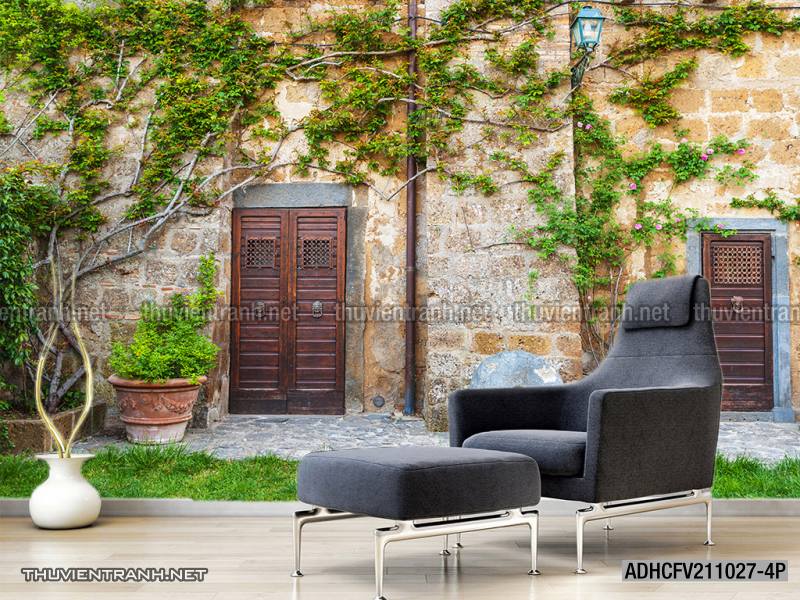  Tranh dán tường phố xưa, quán cà phê Vintage, bức tường hoa lá xinh - Tranh tường chất lượng cao