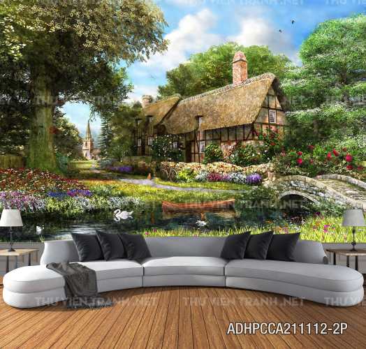  Phong cảnh đồng quê Châu Âu, Ngôi nhà biệt thự Châu ÂU - Tranh tường chất lượng cao
