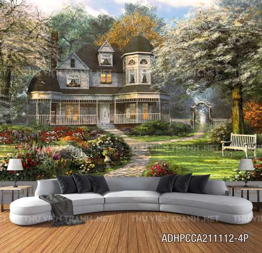  Phong cảnh đồng quê Châu Âu, Ngôi nhà biệt thự Châu ÂU - Tranh tường chất lượng cao
