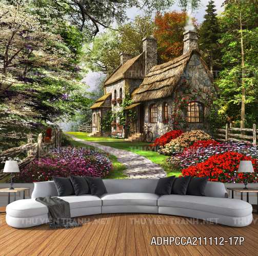  Phong cảnh đồng quê Châu Âu, Ngôi nhà biệt thự Châu ÂU - Tranh tường chất lượng cao