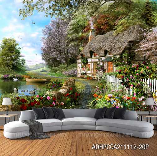  Phong cảnh đồng quê Châu Âu, Ngôi nhà biệt thự Châu ÂU - Tranh tường chất lượng cao