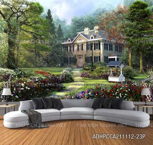  Phong cảnh đồng quê Châu Âu, Ngôi nhà biệt thự Châu ÂU - Tranh tường chất lượng cao