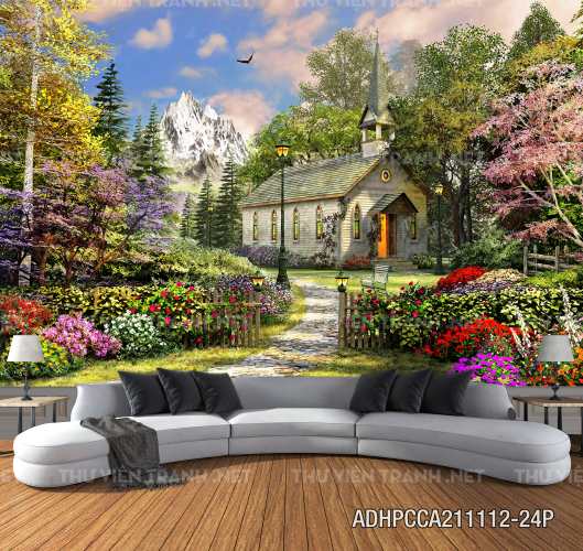  Phong cảnh đồng quê Châu Âu, Ngôi nhà biệt thự Châu ÂU - Tranh tường chất lượng cao