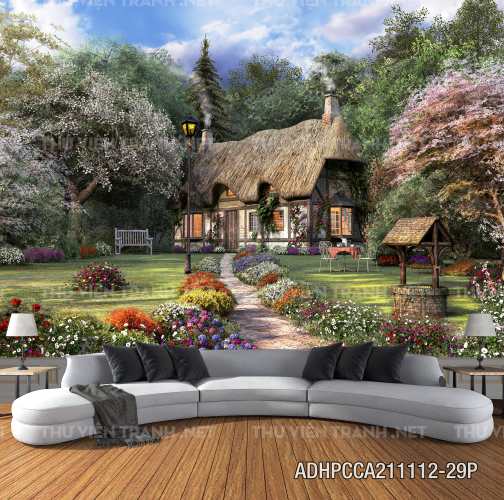  Phong cảnh đồng quê Châu Âu, Ngôi nhà biệt thự Châu ÂU - Tranh tường chất lượng cao