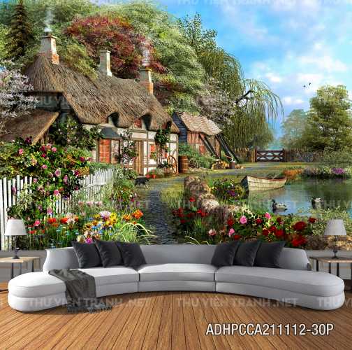  Phong cảnh đồng quê Châu Âu, Ngôi nhà biệt thự Châu ÂU - Tranh tường chất lượng cao