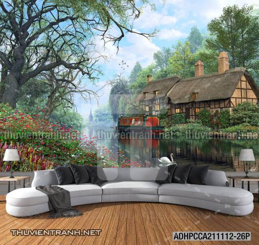 Phong cảnh đồng quê Châu Âu, Ngôi nhà nông thôn cottage - Tranh tường chất lượng cao