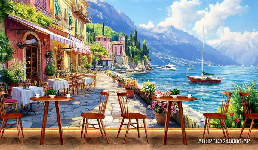  Tranh phong cảnh phố cổ Châu Âu, tranh phong cảnh thành phố ven biển Địa Trung Hải - Tranh tường chất lượng cao