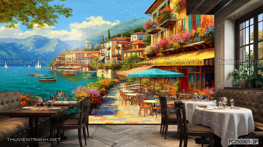  Tranh dán tường dãy phố cà phê châu Âu - Tranh tường chất lượng cao