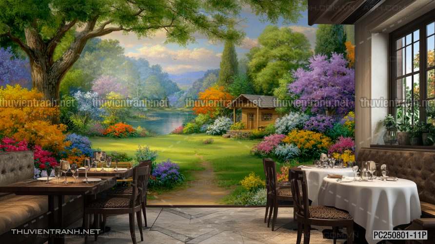  Tranh dán tường dãy phố cà phê châu Âu - Tranh tường chất lượng cao