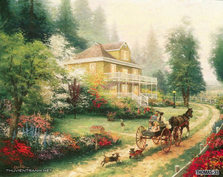 Tranh vẽ sơn dầu Phong cảnh đồng quê thanh bình  và cuộc sống châu Âu - Tranh tường chất lượng cao
