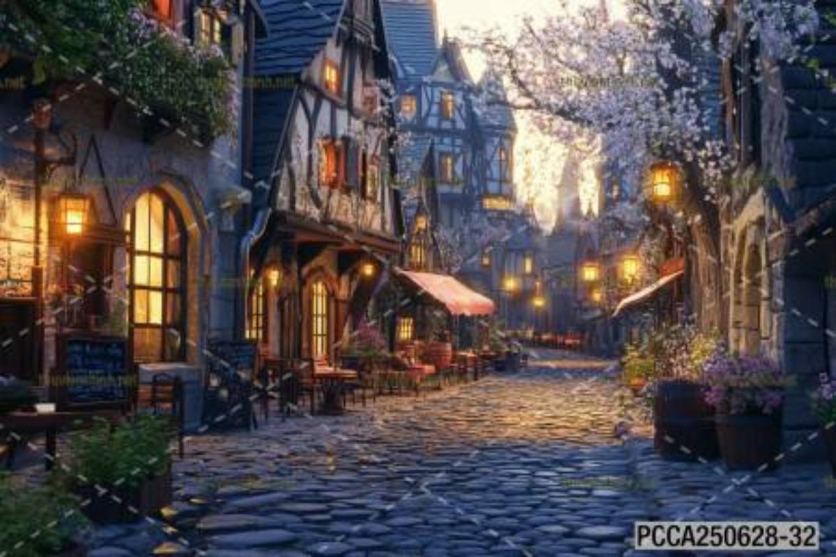 Tranh dán tường con phố xinh đẹp  châu Âu, Quán cà phê Châu Âu - Tranh tường chất lượng cao