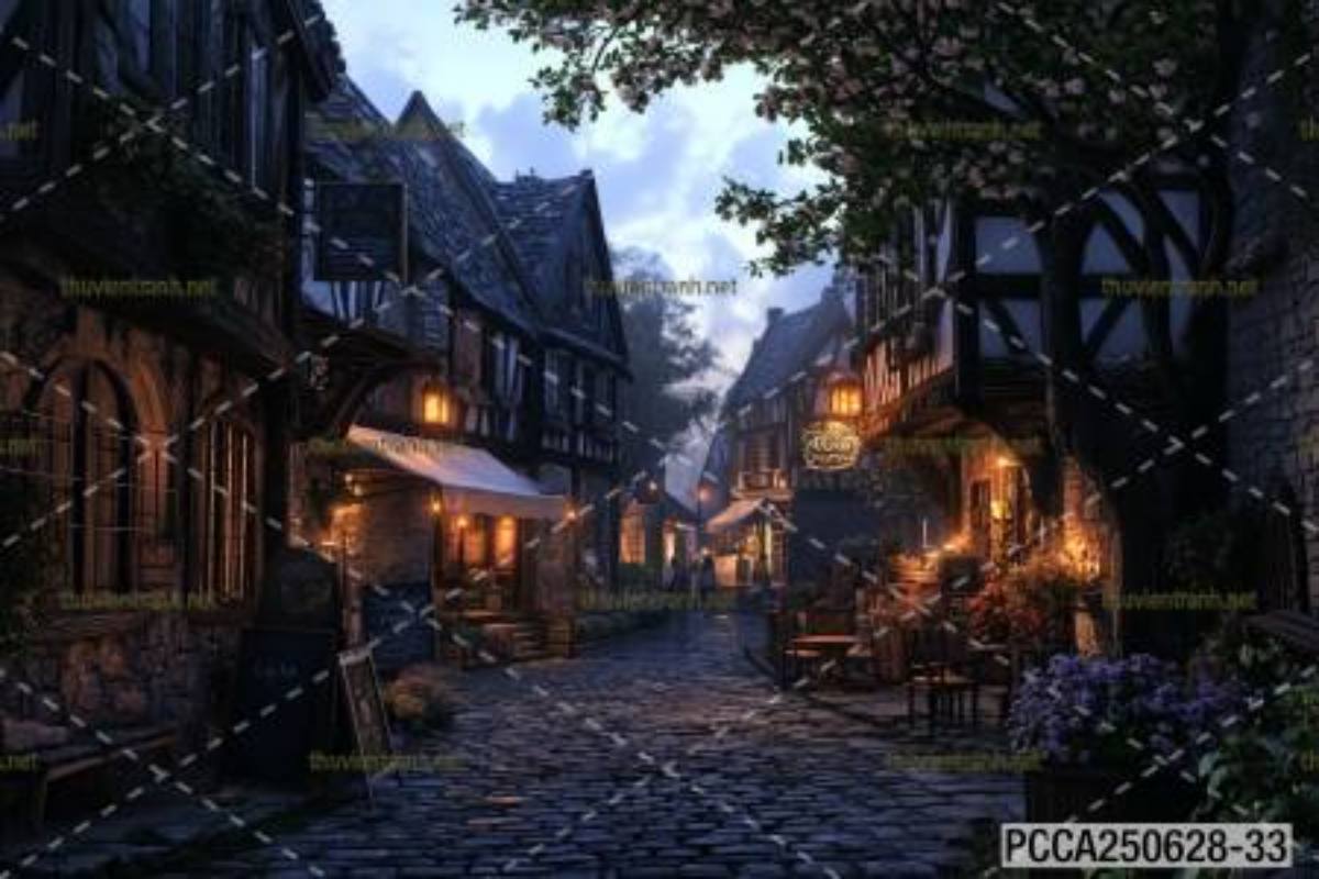 Tranh dán tường con phố xinh đẹp  châu Âu, Quán cà phê Châu Âu - Tranh tường chất lượng cao