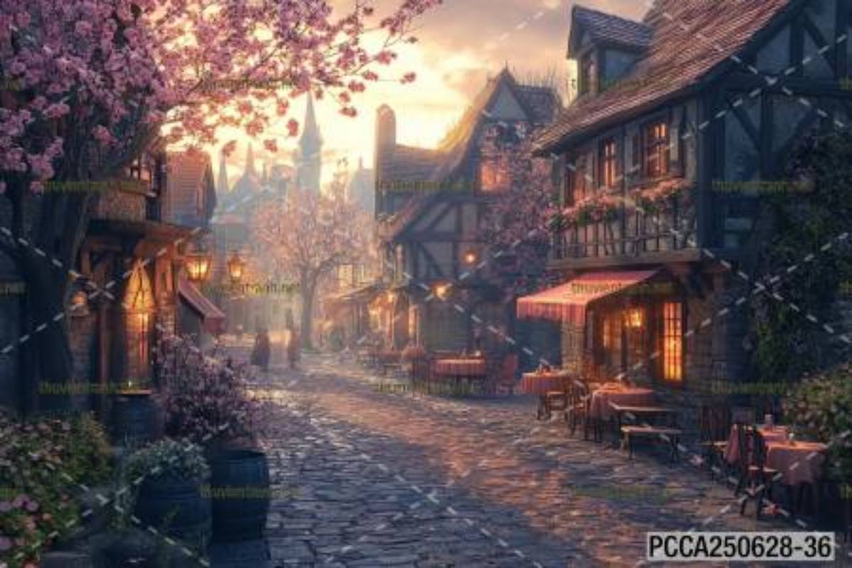Tranh dán tường con phố xinh đẹp  châu Âu, Quán cà phê Châu Âu - Tranh tường chất lượng cao
