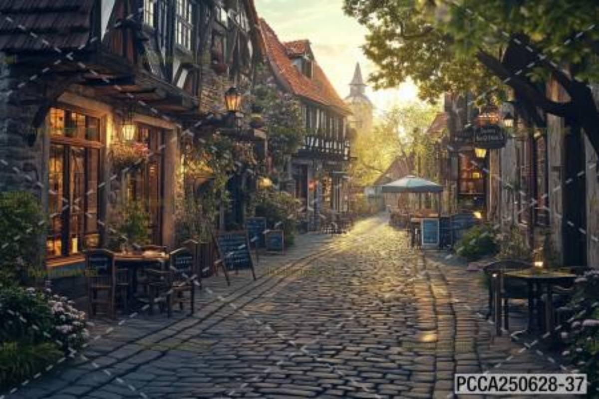Tranh dán tường con phố xinh đẹp  châu Âu, Quán cà phê Châu Âu - Tranh tường chất lượng cao