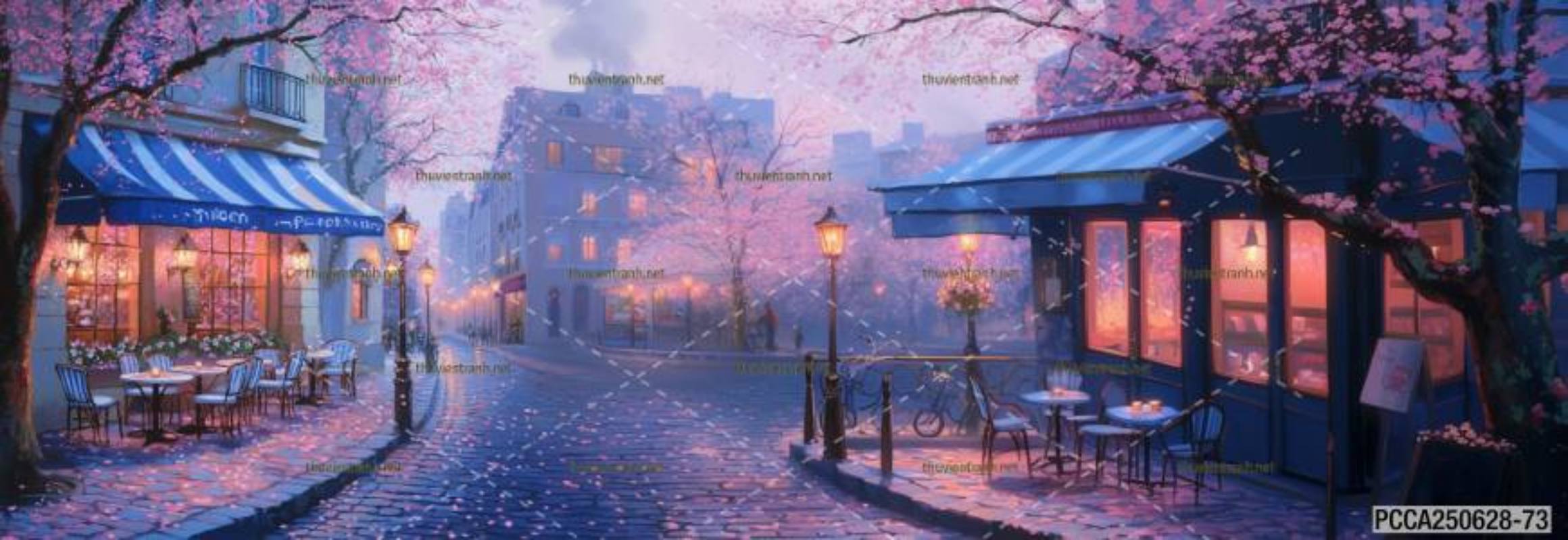 Tranh dán tường con phố xinh đẹp  châu Âu, Quán cà phê Châu Âu - Tranh tường chất lượng cao