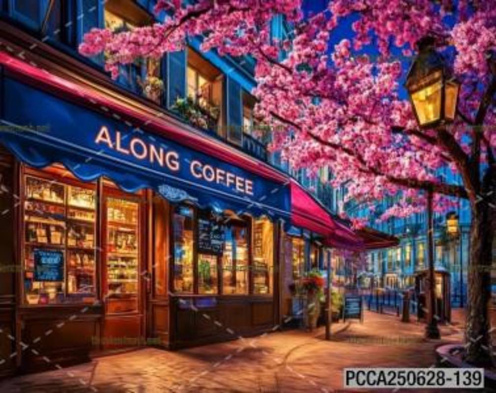 Tranh dán tường con phố xinh đẹp  châu Âu, Quán cà phê Châu Âu - Tranh tường chất lượng cao