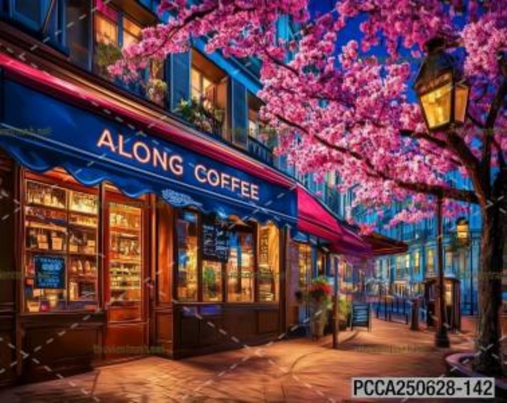 Tranh dán tường con phố xinh đẹp  châu Âu, Quán cà phê Châu Âu - Tranh tường chất lượng cao