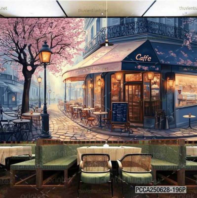 Tranh dán tường con phố xinh đẹp  châu Âu, Quán cà phê Châu Âu - Tranh tường chất lượng cao