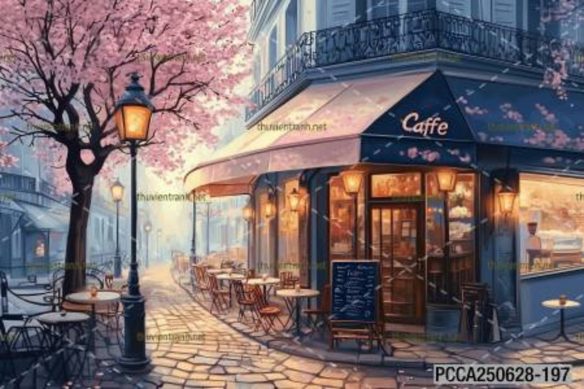  Tranh dán tường con phố xinh đẹp  châu Âu, Quán cà phê Châu Âu - Tranh tường chất lượng cao