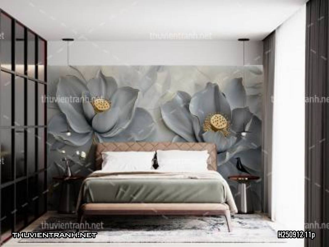 Tranh dán tường hoa đắp nổi, hoa 3D, tông màu ghi xám - Tranh tường chất lượng cao