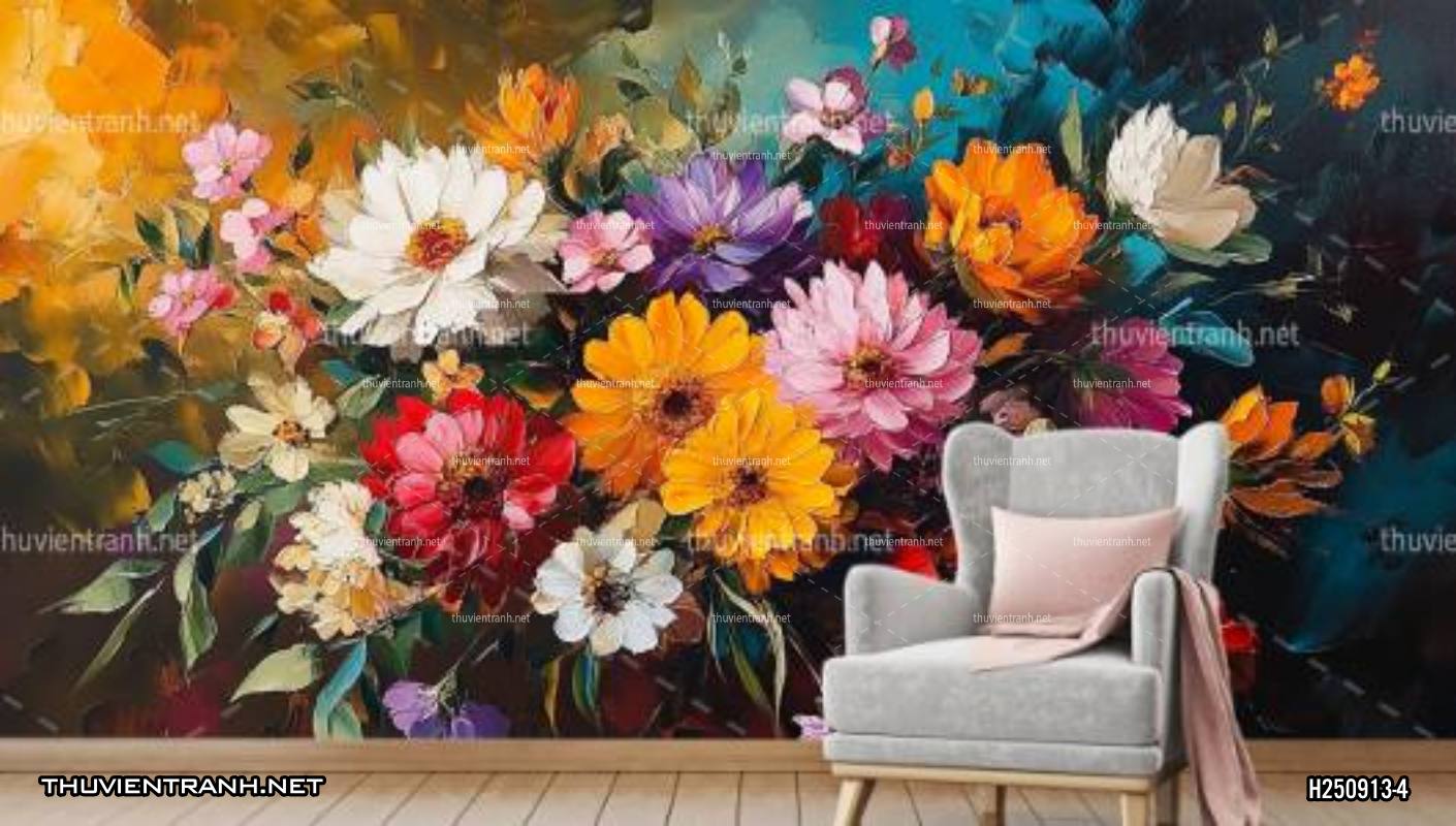  Tranh dán tường hoa nghệ thuật nhiều màu sắc, tranh hoa vẽ sơn dầu - Tranh tường chất lượng cao