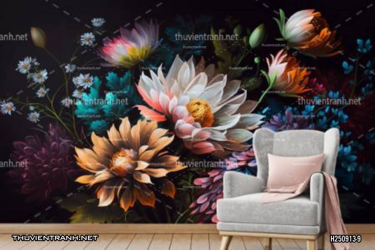  Tranh dán tường hoa nghệ thuật nhiều màu sắc, tranh hoa vẽ sơn dầu - Tranh tường chất lượng cao