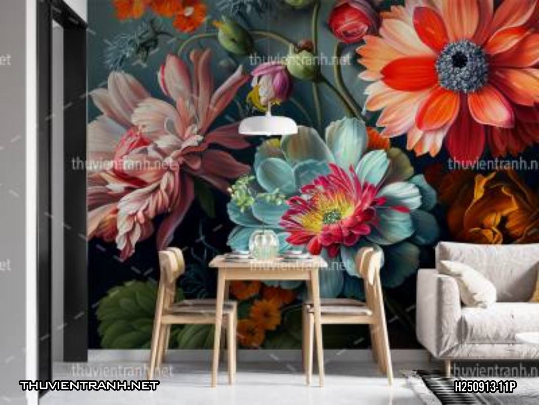 Tranh dán tường hoa nghệ thuật nhiều màu sắc, tranh hoa vẽ sơn dầu - Tranh tường chất lượng cao