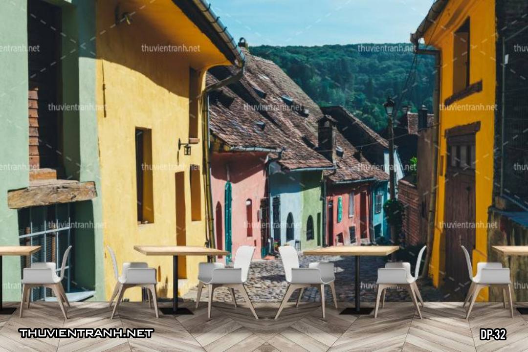 Tranh dán tường 3D phố cổ Châu Âu, đường phố Châu Âu, phong cảnh dãy phố cổ  Châu Âu - Tranh tường chất lượng cao