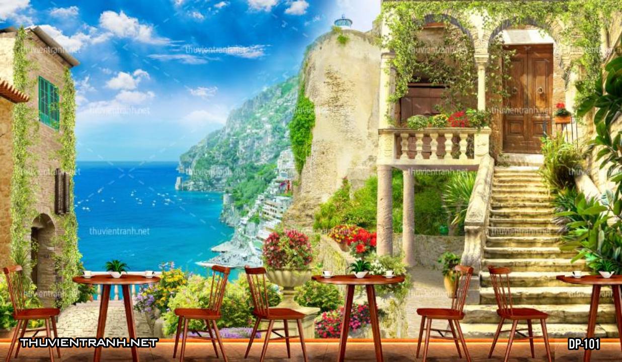  Tranh dán tường 3D phố cổ Châu Âu, đường phố Châu Âu, phong cảnh dãy phố cổ  Châu Âu - Tranh tường chất lượng cao