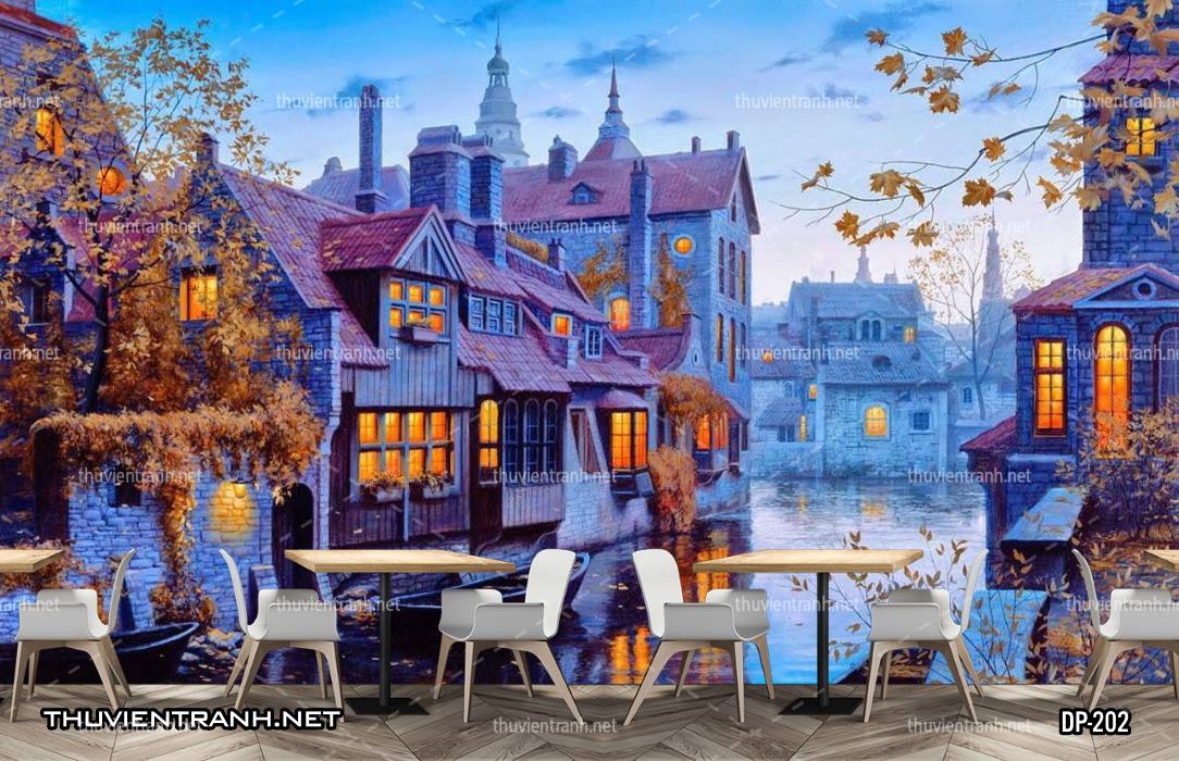 Tranh dán tường 3D đường phố Châu Âu - Tranh tường chất lượng cao