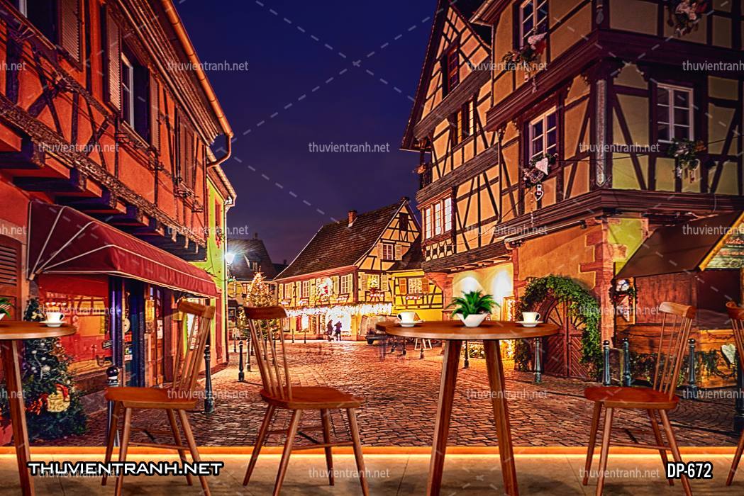 Tranh dán tường phong cảnh  đường phố Châu Âu về đêm - Tranh tường chất lượng cao