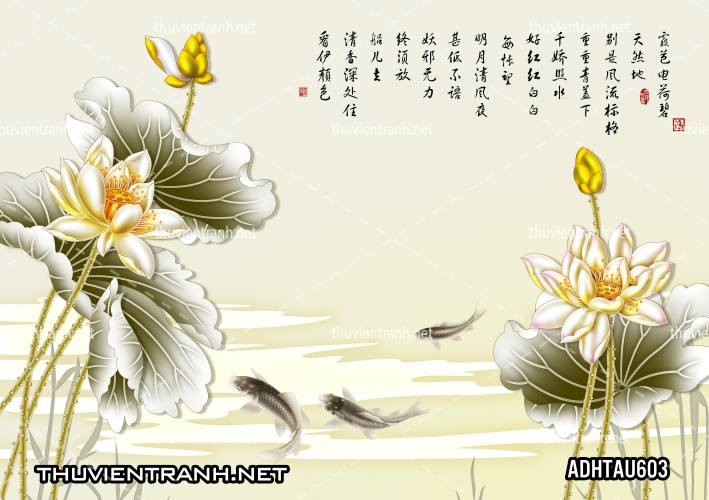 Tranh dán tường Hoa Sen Cá Chép - Tranh tường chất lượng cao