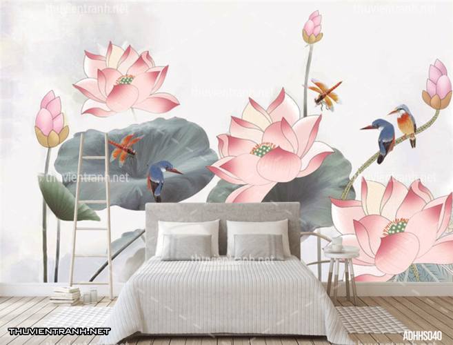 Tranh dán tường Hoa Sen thủy mặc - Tranh tường chất lượng cao