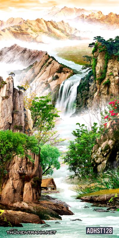Tranh thác nước, thác nước đứng, thiên nhiên, waterfall, tranh dán tường thác nước, tranh 3D, tranh phong cảnh 3D - Tranh tường chất lượng cao